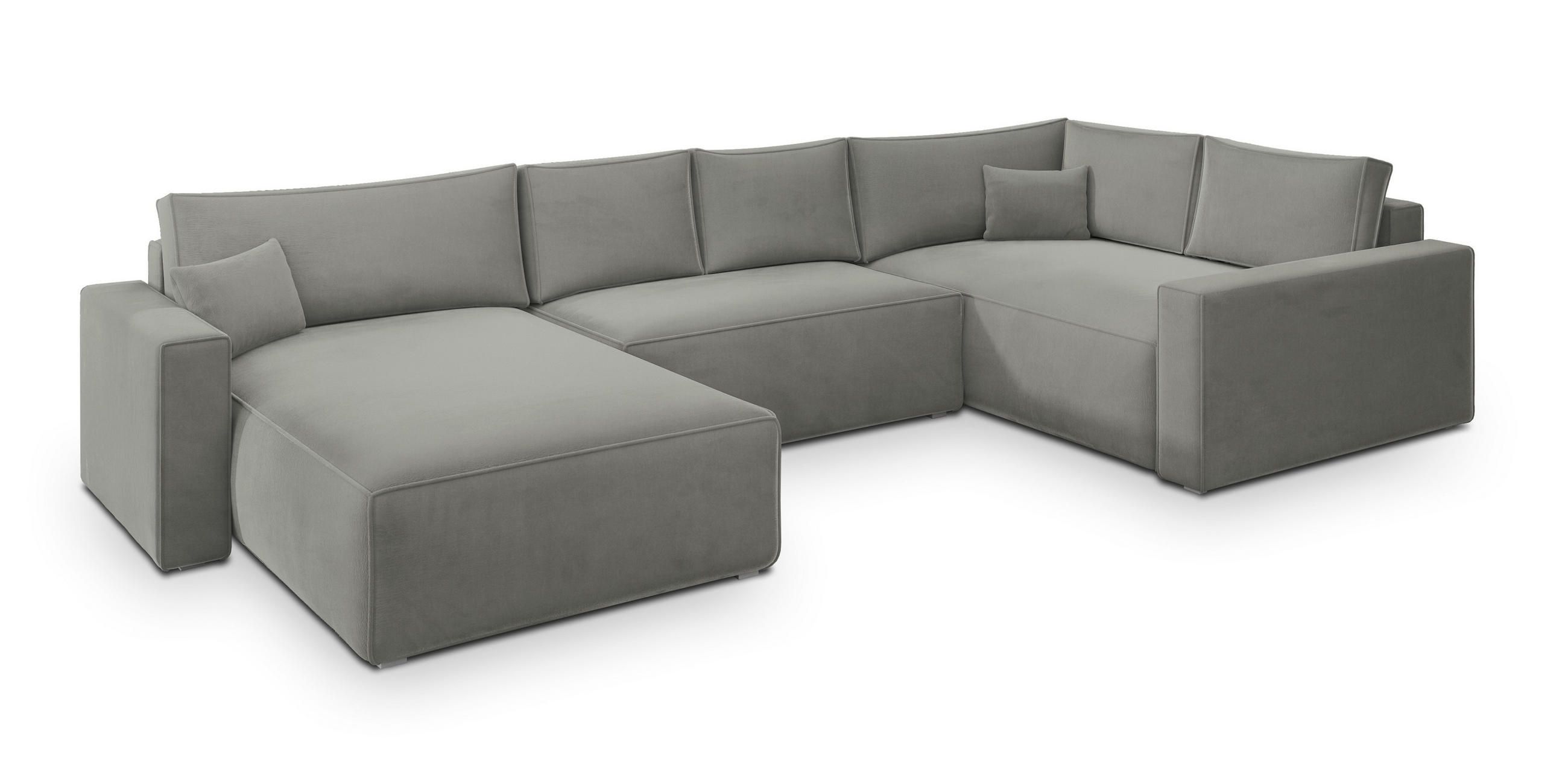 WOHNLANDSCHAFT VELAMI R-S Hellgrau Velours-Stoff mit Schlaffunktion - Hellgrau, Holz (365/83/194cm) - MASSENO
