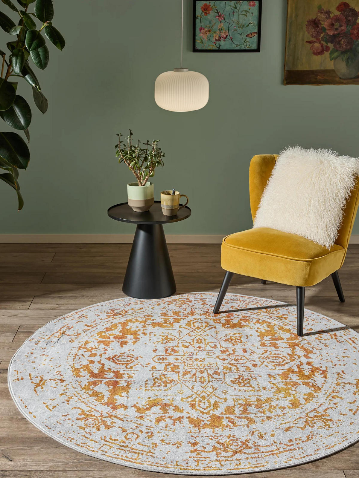 VINTAGE-TEPPICH Miray waschbar ø 160 cm rund - Orange/Grau, Kunststoff (160/160cm) - benuta Nest