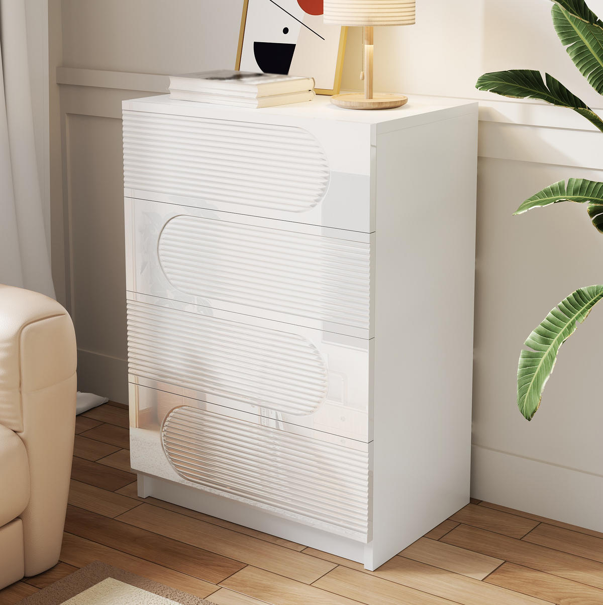 KOMMODE aus MDF und Spanplatte 60x38,5x85 cm Weiß mit 4 Schubladen und Vollauszug, kompakt und vielseitig - Weiß, Holzwerkstoff (60/85/38.5cm) - Modfu