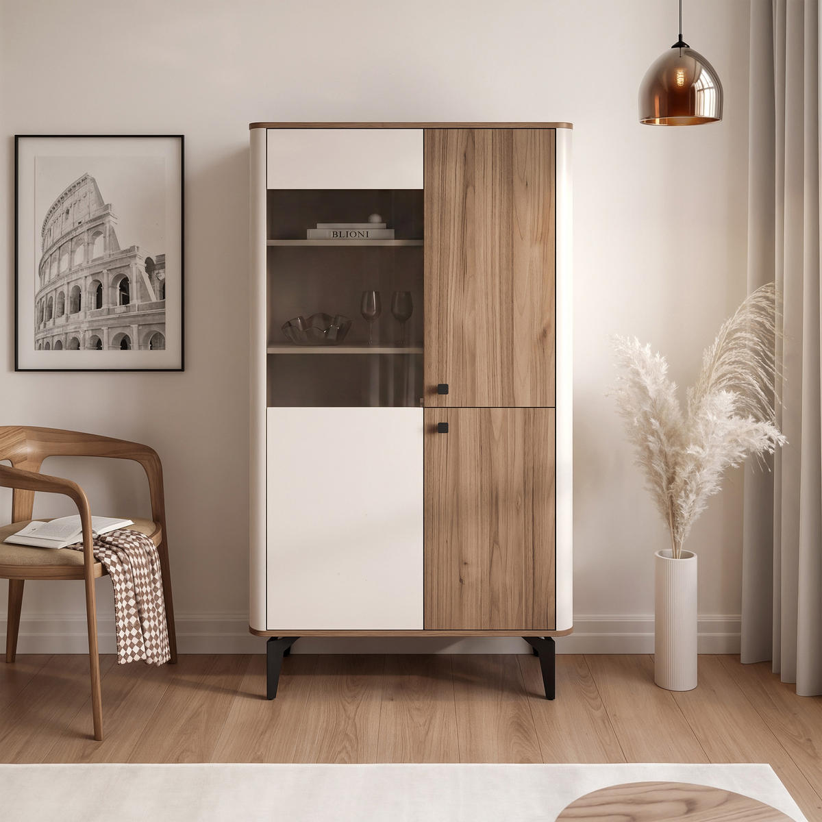 VITRINE BELLAGIO 156 cm Kaschmir / Nussbaum - Kaschmir/Schwarz, Holzwerkstoff/Metall (88/156/40cm) - Idohome