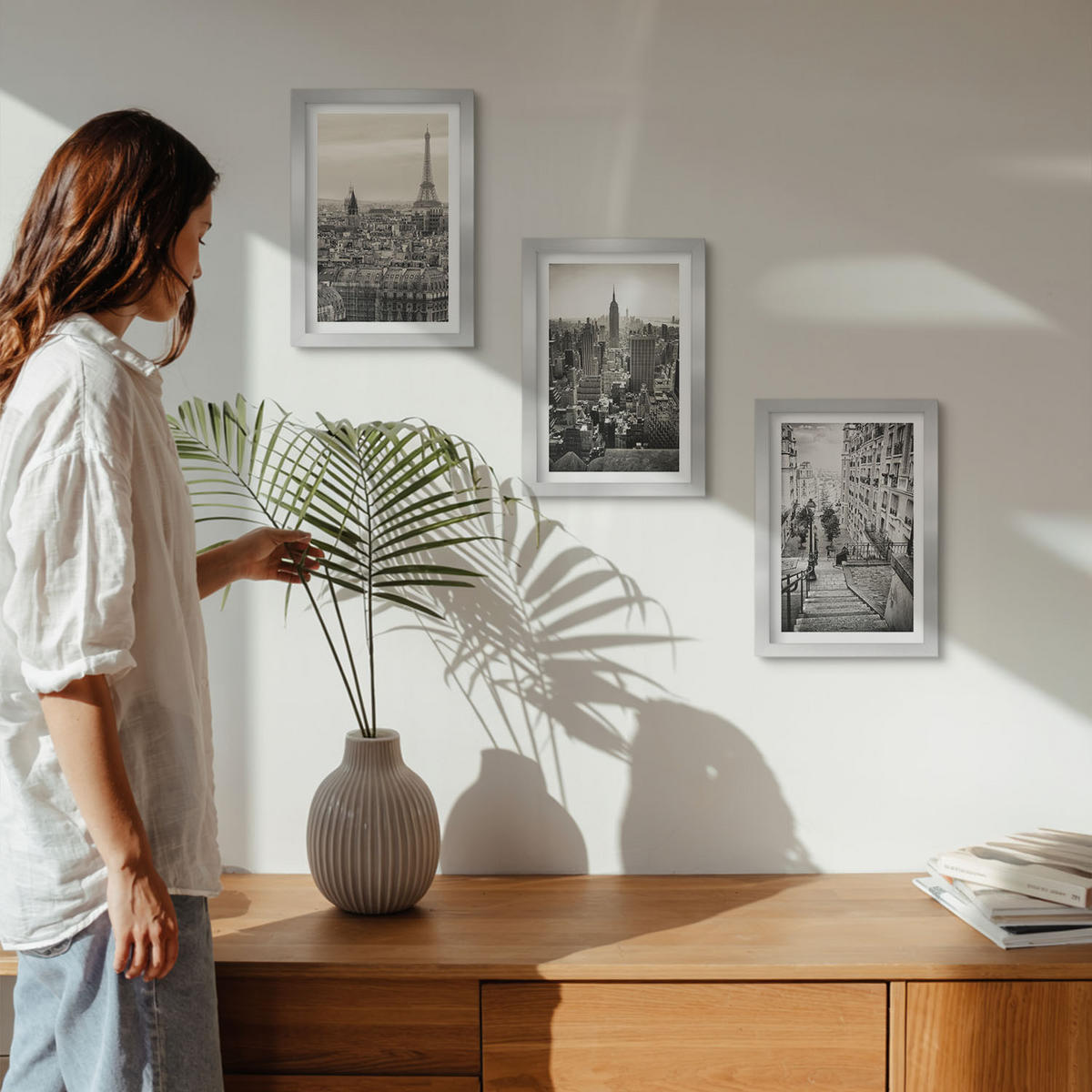 BILDER SET 3er Set - 20x30 cm Silberner Rahmen - Aussicht Paris New York Treppen - Silberfarben, Kunststoff (20/30cm) - TULUP