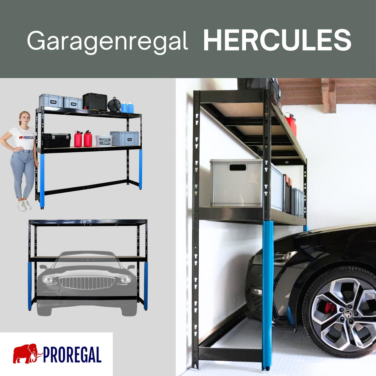 PROREGAL Garagenregal HERCULES 180x240x50cm 2 Lagerebenen Schwarz - Schwarz, Metall (240/180/50cm) - PROREGAL