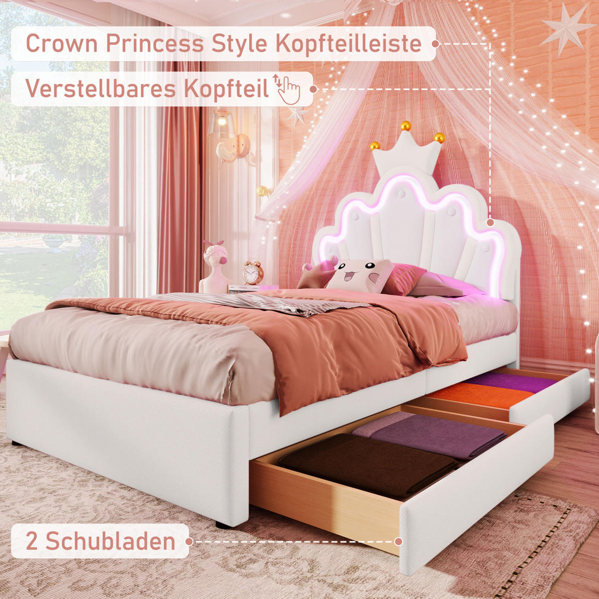 KINDERBETT 90/200 cm aus PU mit verstellbarem Kopfteil und LED-Beleuchtung Weiß - Weiß, Leder (90/200cm) - Modenvie
