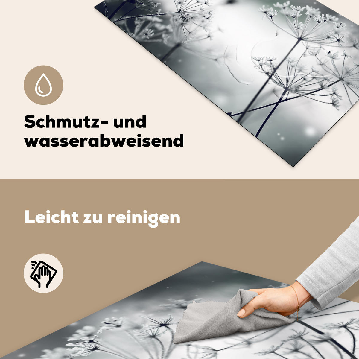 HERDABDECKPLATTE Blumen - Winter - Schnee - Natur Ceranfeldabdeckung 90x52 cm - Grau, Kunststoff (90/52/0.2cm) - MuchoWow