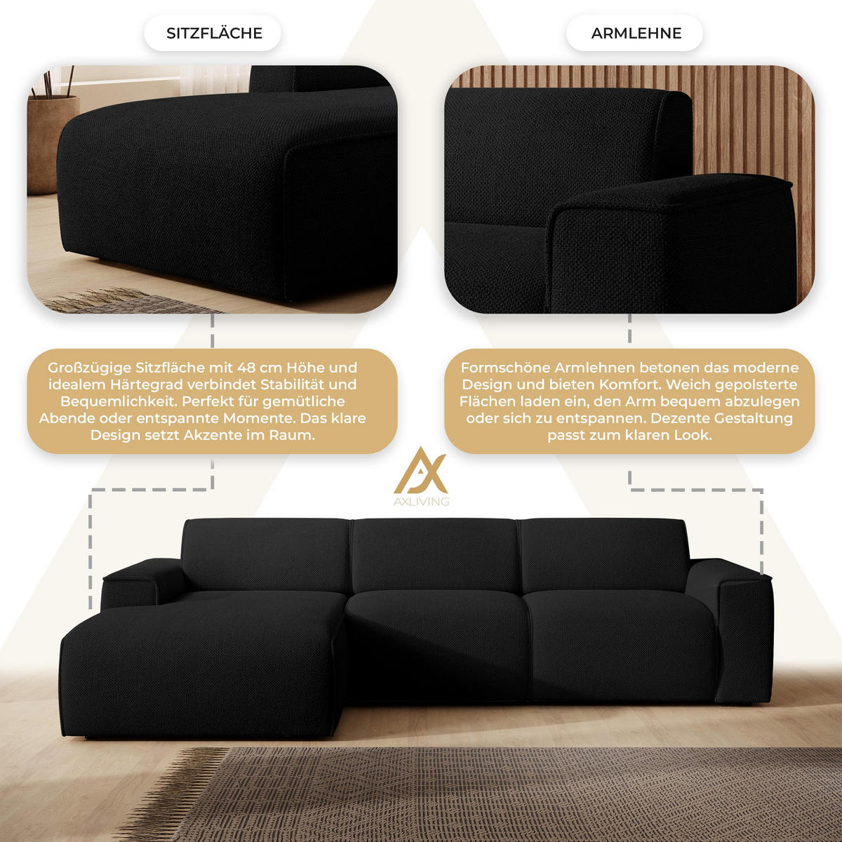 ECKSOFA L Form Didim mini Schwarz 310/165/78 cm – stilvolle kleine Eckcouch L - Schwarz, Kunststoff/Textil (165/310cm) - AX Living