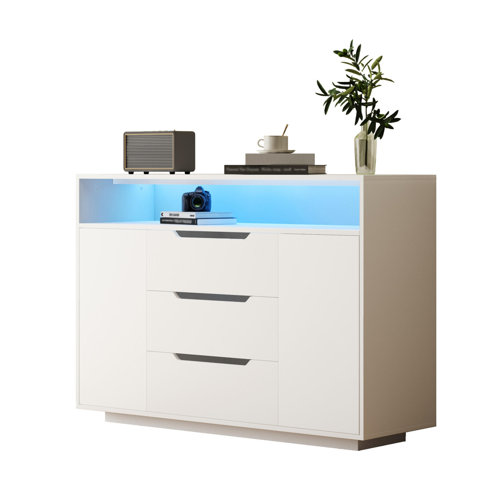 SIDEBOARD 120/40/85 cm mit offenem Regal, 3 Schubladen, Türen und LED-Beleuchtung aus Holzwerkstoff, Weiß - Weiß, Holzwerkstoff (120/85/40cm) - Redom