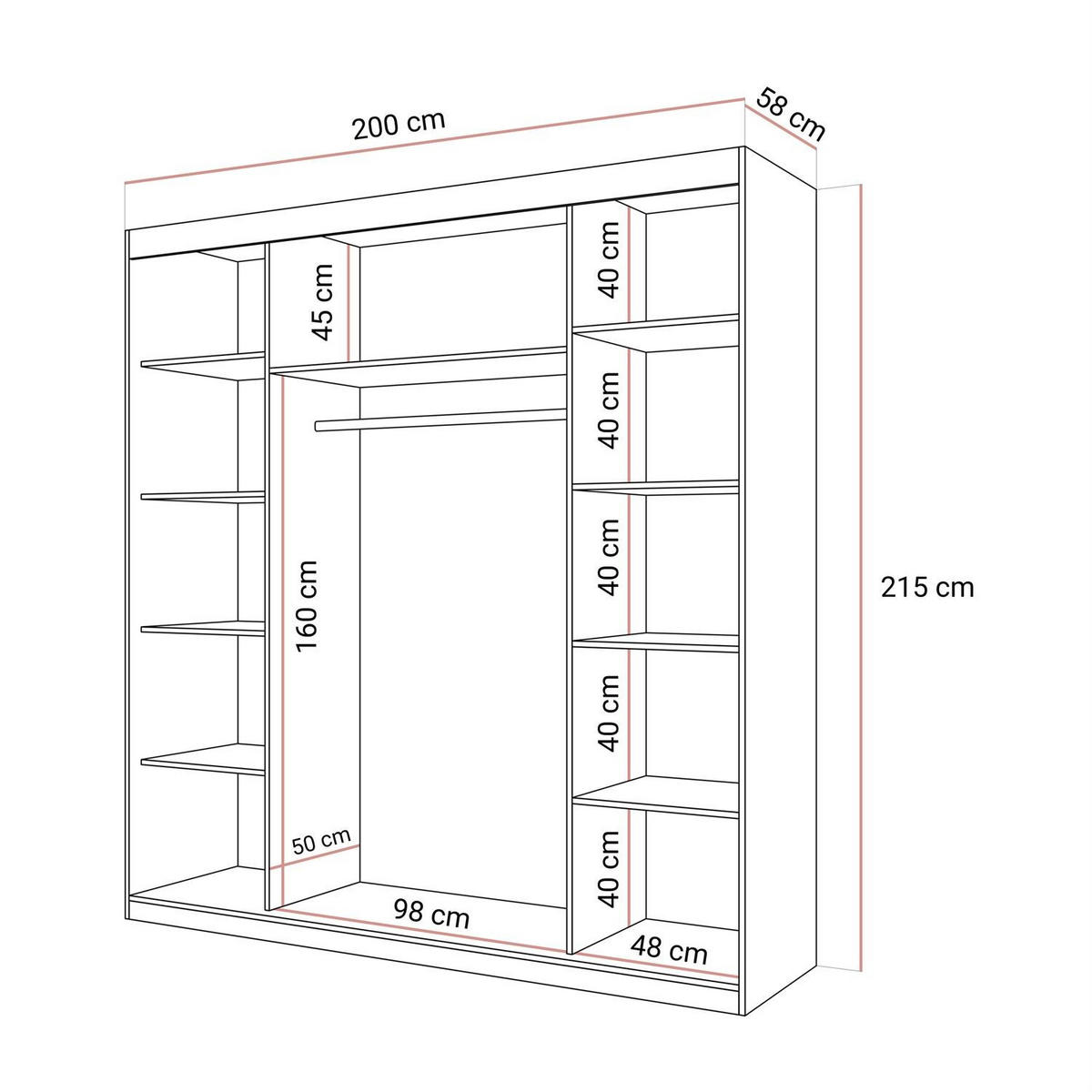 SCHIEBETÜRENSCHRANK BASTER II KASZMIR mit Spiegel - Kaschmir, Holzwerkstoff (200/215/58cm) - Lookway