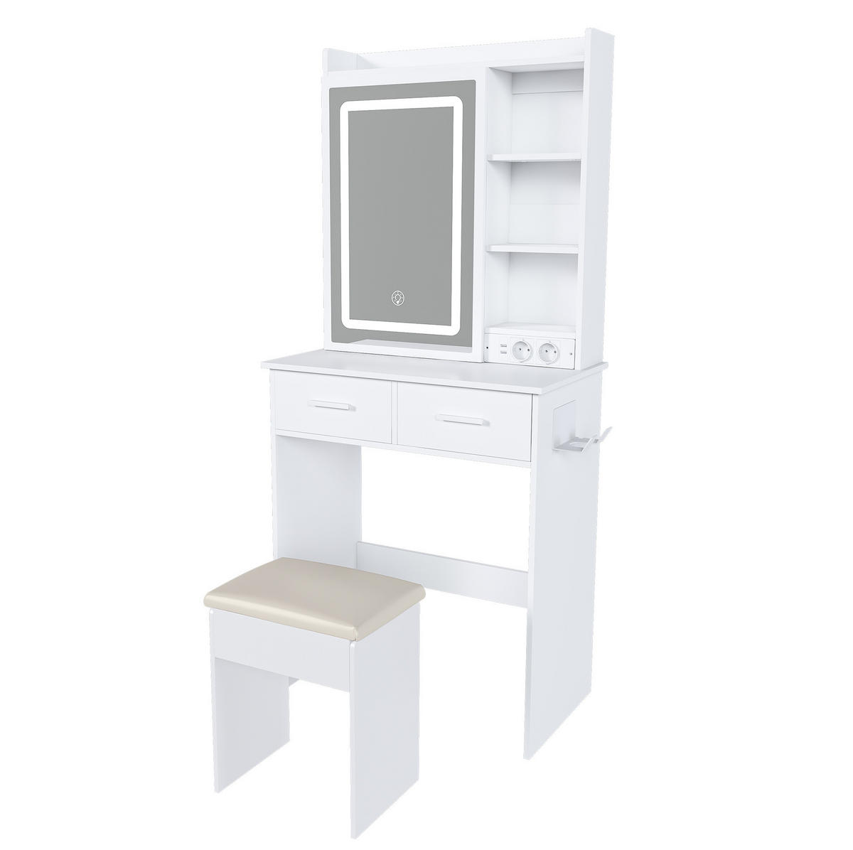 SCHMINKTISCH aus MDF 60x36x136 cm Weiß mit LED-Beleuchtung, USB, Steckdosen, Stauraum und gepolstertem Hocker - Weiß, Holzwerkstoff (60/136/36cm) - Modfu