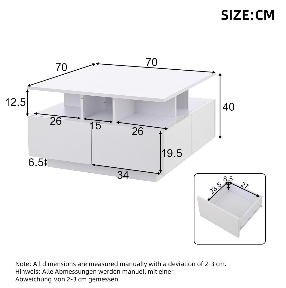 COUCHTISCH 70/70/40 cm in Weiß mit LED-Beleuchtung und 4 Schubladen - Weiß, Holzwerkstoff (70/70/40cm) - Flora Grace