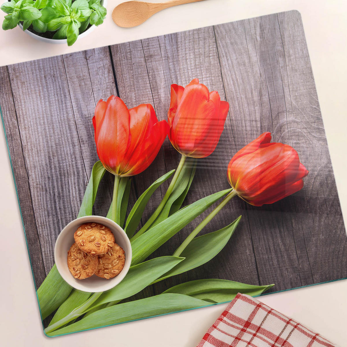 GLASPLATTE 60x52 cm Rote Tulpen - Rot, Glas (60/0.4/52cm) - TULUP