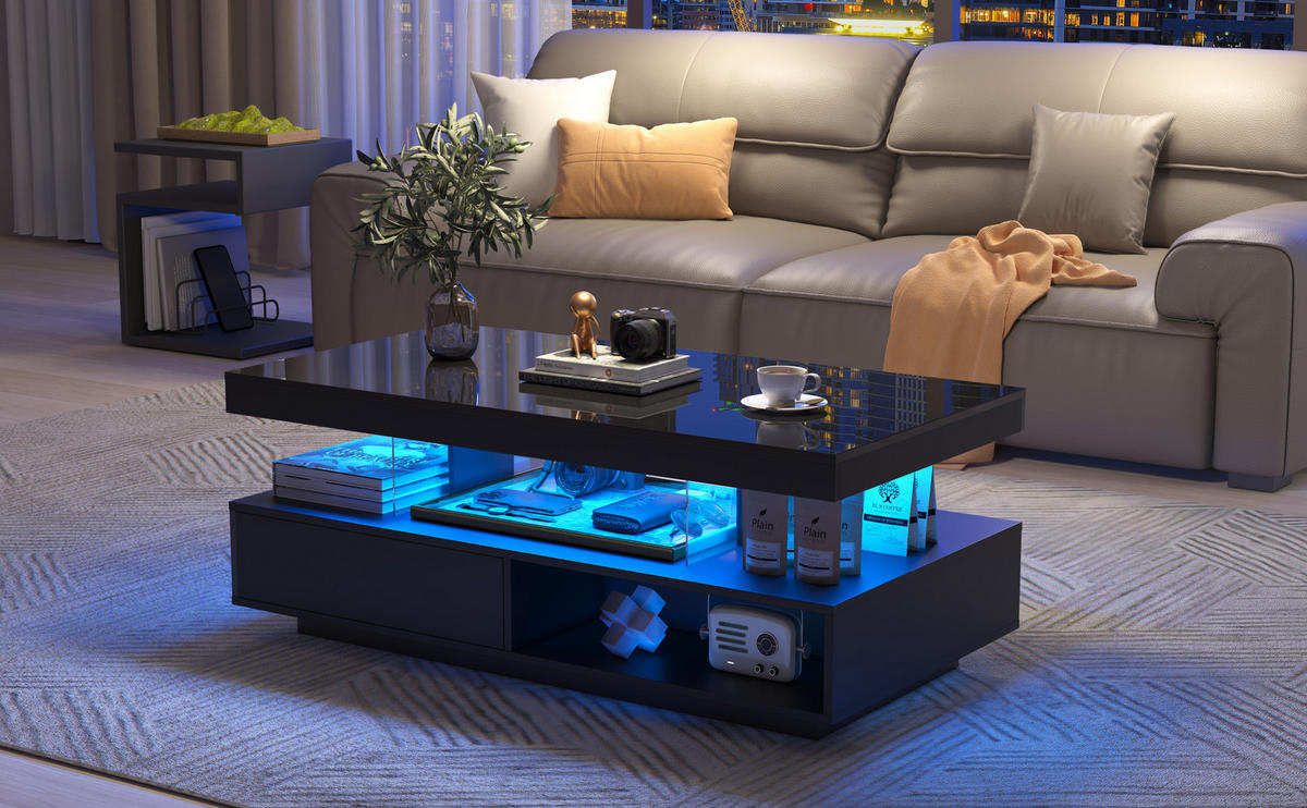 COUCHTISCH 95/50/42,5 cm Schwarz Hochglanz mit LED-Beleuchtung und 2 Schubladen - Schwarz, Holzwerkstoff (95/50/42.5cm) - Flora Grace