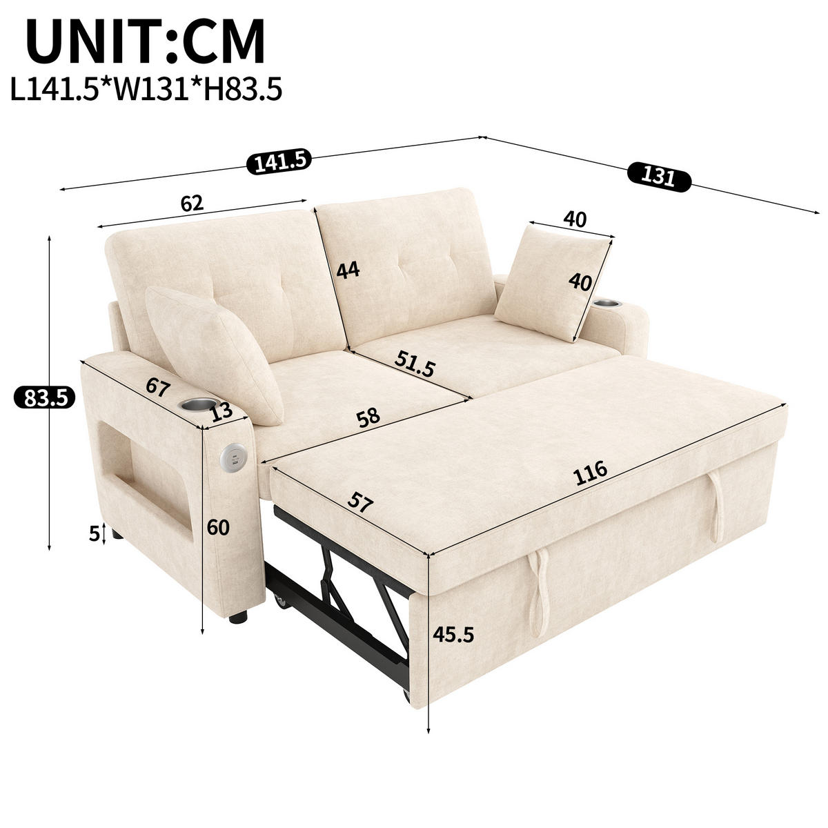 SOFA NA RAZVLAČENJE 2-sjedalo u bež boji s funkcijom spavanja, chenille - bež/crna, drvni materijal/tekstil (141.5/83.5/131cm) - CHICFURN