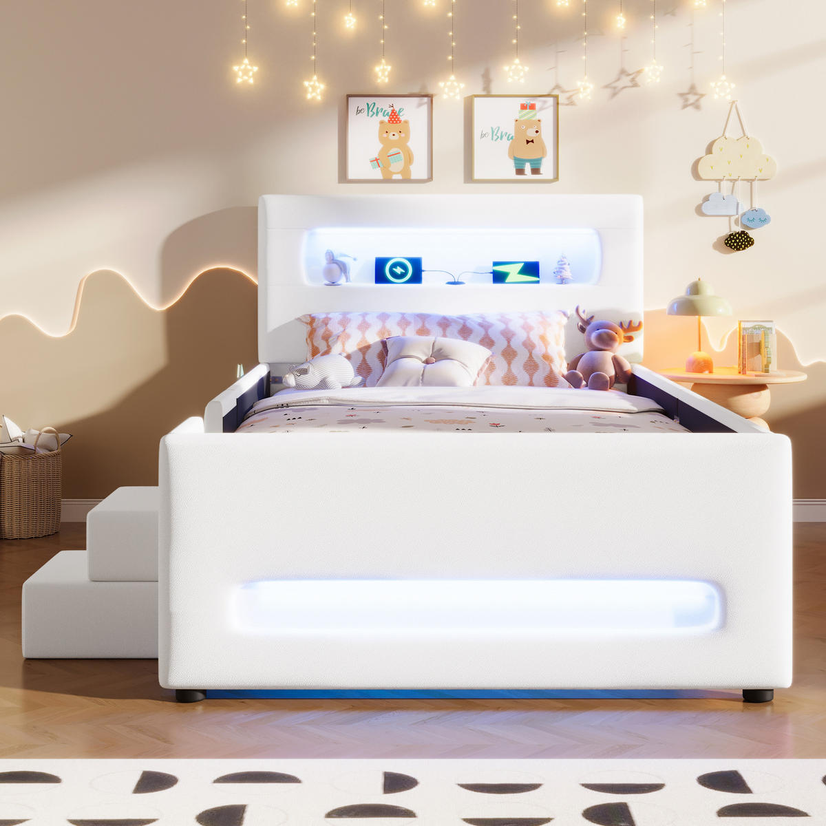KINDERBETT 90/200 cm DE-03359, mit Treppe, Schubladen, LED-Lichtleisten und Aufbewahrungstaschen, in Weiß - Weiß, Holzwerkstoff (90/200cm) - ComfortXL
