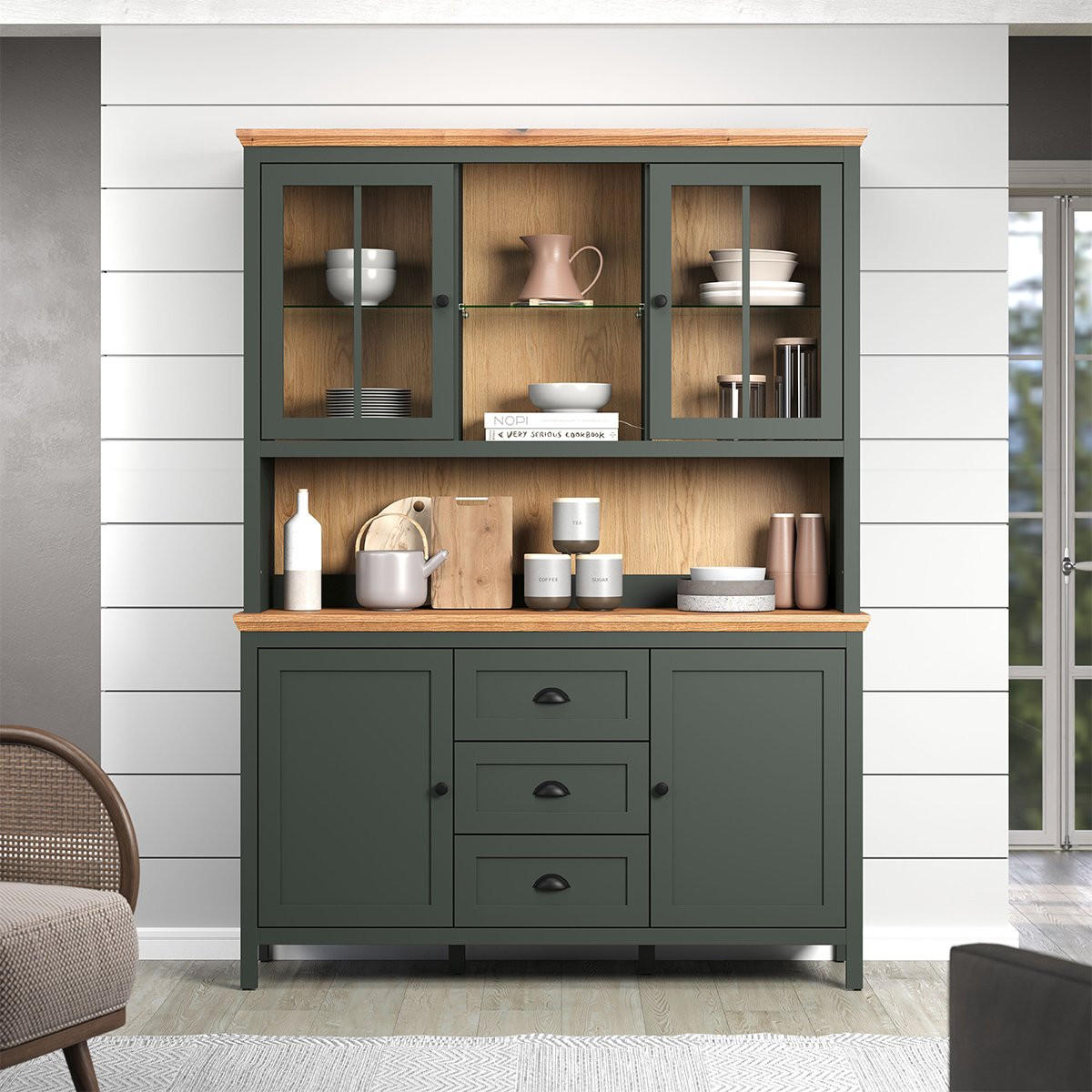 BUFFETSCHRANK mit LED-Beleuchtung, 4 Türen, 3 Schubladen und 2 Nischen H198 cm - Stanton - Grün, Holzwerkstoff (146/146/198cm) - Trendteam