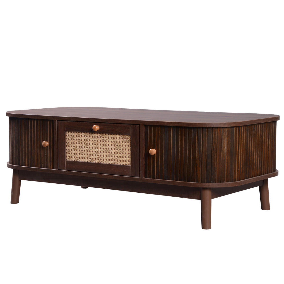 COUCHTISCH Holzfarben 110/55/38,5 cm mit Rattandekor und Massivholzbeinen - Naturfarben, Holzwerkstoff (55/110/38.5cm) - PANGIVO