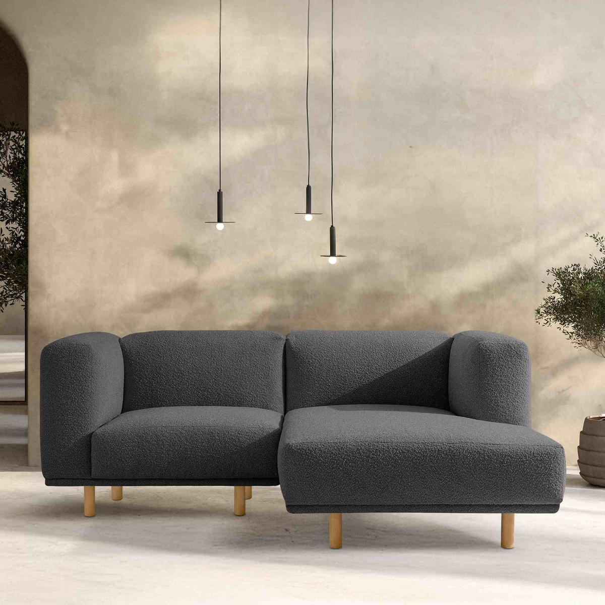 ECKSOFA-RECHTS FOSERO, Bouclé - Dunkelgrau/Buchefarben, Holz/Holzwerkstoff (204/155cm) - KONSIMO®