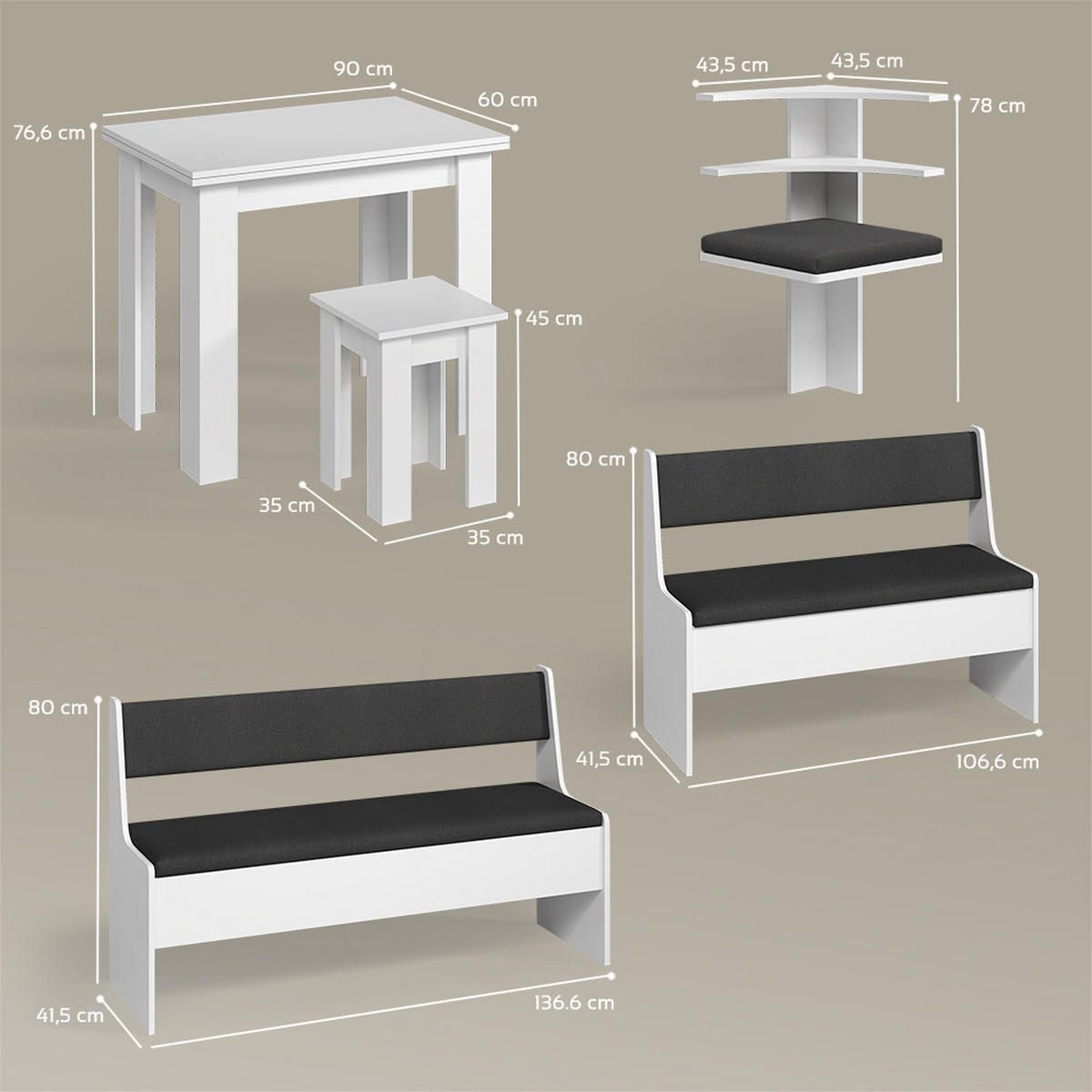ECKBANKGRUPPE Tiberio Weiß 180 x 150 cm mit Tisch - Weiß, Holzwerkstoff (180/80/150cm) - Livinity®