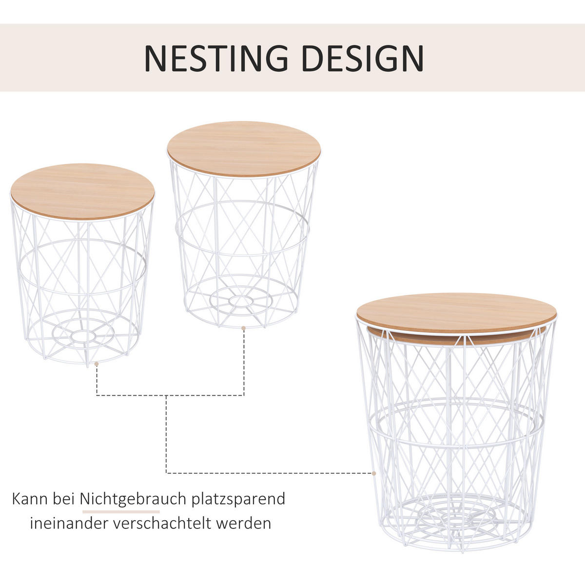 BEISTELLTISCH-SET, MDF Metall Weiß+Natur - Weiß, Kunststoff (40/40/45cm) - HOMCOM