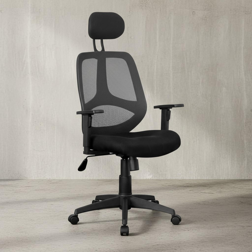 BÜRODREHSTUHL Schwarz Netz mit verstellbarer Kopfstütze, Armlehnen und 120 kg Belastbarkeit KOMFORTABEL - Schwarz, Textil (61/127/57cm) - KADIMA DESIGN