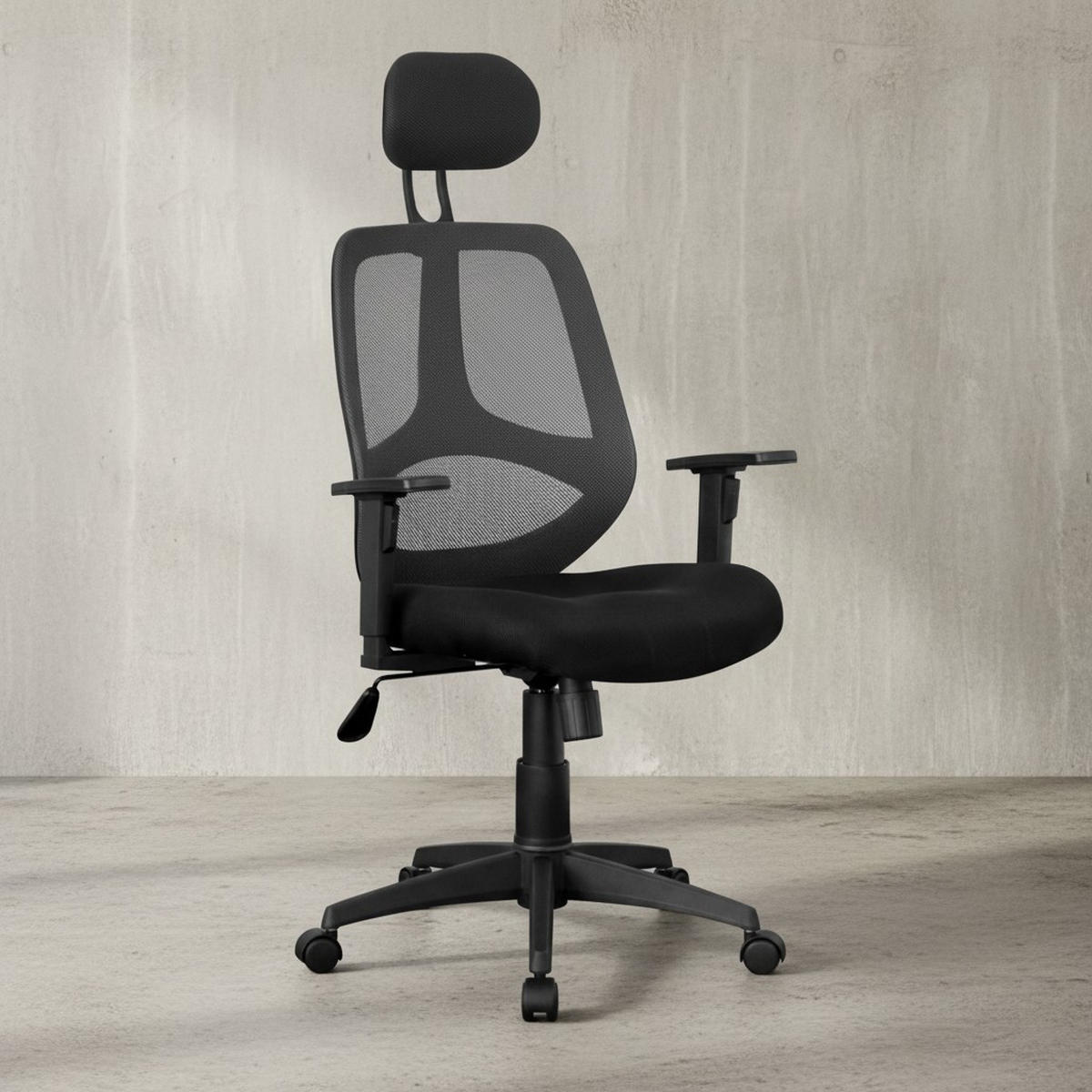 BÜRODREHSTUHL Schwarz Netz mit verstellbarer Kopfstütze, Armlehnen und 120 kg Belastbarkeit KOMFORTABEL - Schwarz, Textil (61/127/57cm) - KADIMA DESIGN