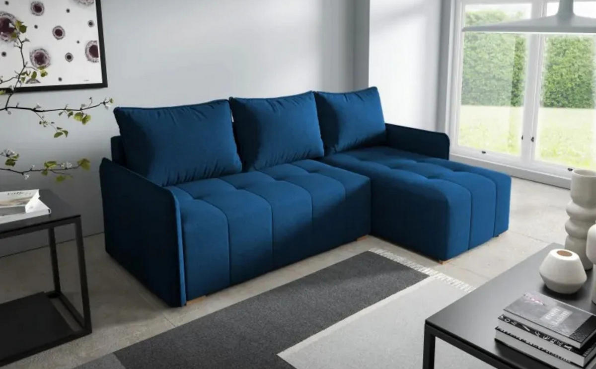ECKSOFA GREND, L-Form mit Schlaffunktion und Bettkasten, Blau, rechts, Veloursstoff - Blau, Textil (210/140cm) - Sepro Meble