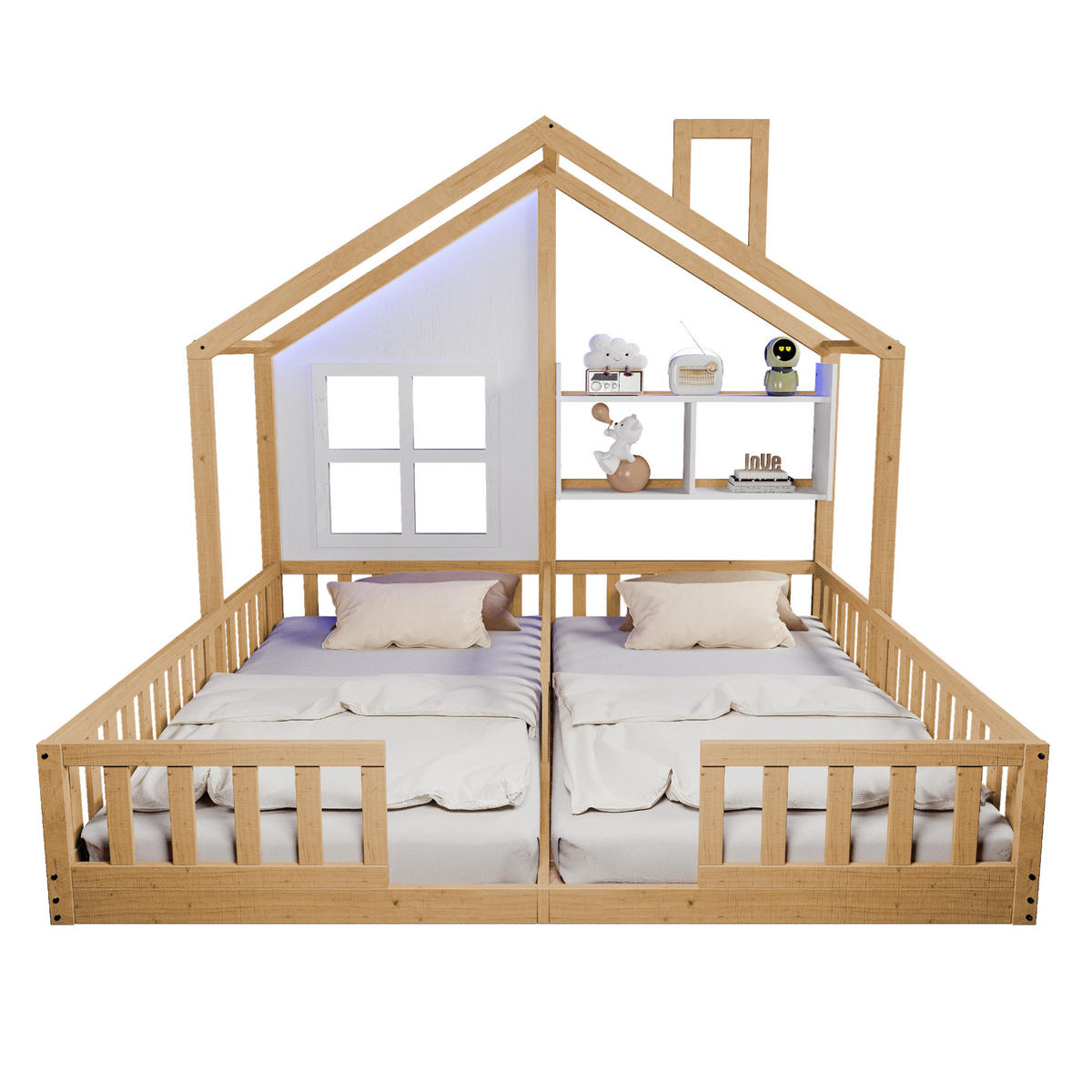 KINDERBETT 90/200 cm mit LED-Beleuchtung, Hausdesign, Sicherheitsgittern und Ablagefächern, Natur Holzwerkstoff - Naturfarben, Holzwerkstoff (90/200cm) - Redom
