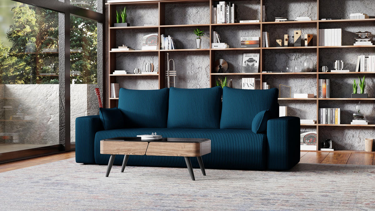 SOFA Bubi mit Bettkasten und Schlaffunktion, Cordstoff - Blau, Holzwerkstoff (242/85/95cm)