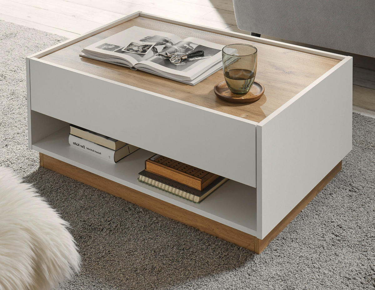 COUCHTISCH weiß, Eiche Wotan 90 x 60 cm, Wohnzimmertisch mit Stauraum - Eiche Wotan/Weiß, Holz/Holzwerkstoff (90/60/38cm) - Furn.Design