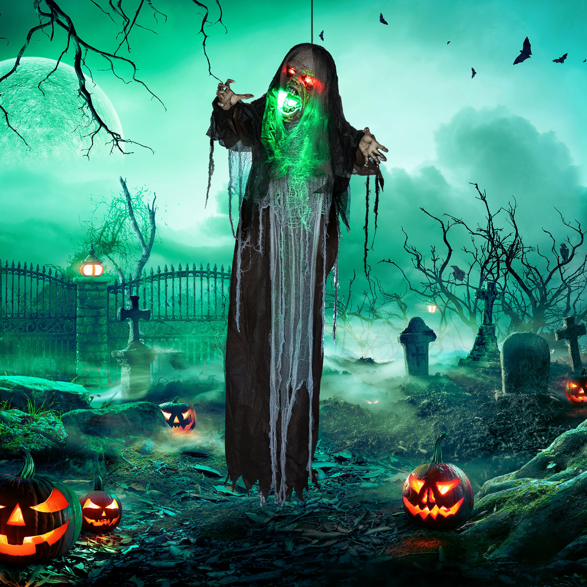 HALLOWEEN DECORATIONS 183cm Hängendes Monster mit grün LED-Lichter, Soundfunktion - Schwarz, Kunststoff/Metall (70/183/18cm) - HOMCOM
