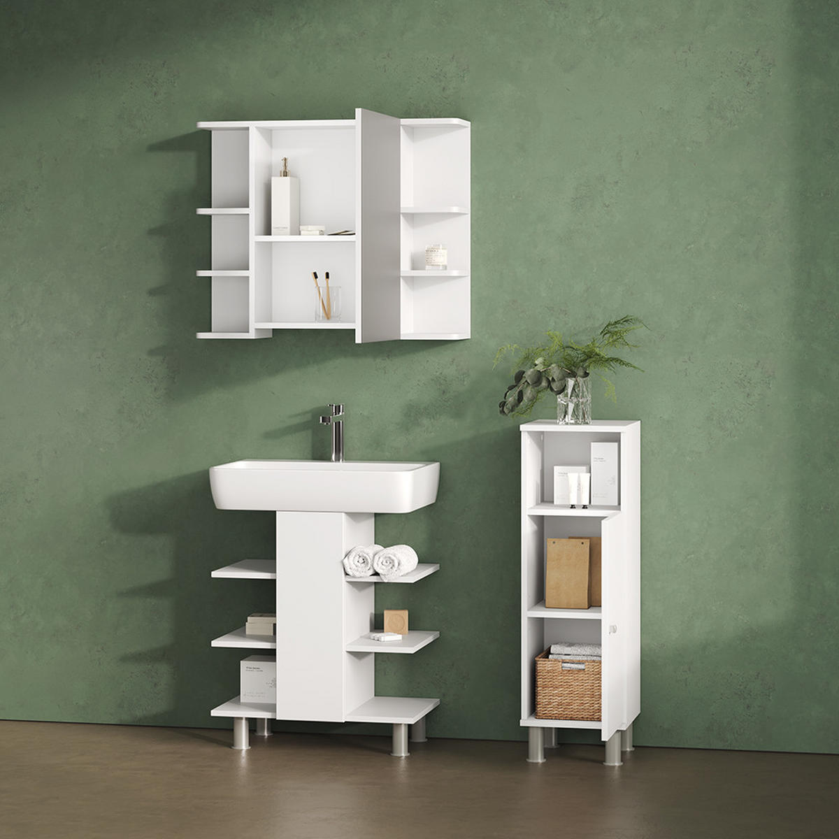 BADMÖBEL-SET Fucino Weiß 3 Teile, mit Midischrank - Weiß, Holzwerkstoff (79.6/95/36.6cm) - Livinity®
