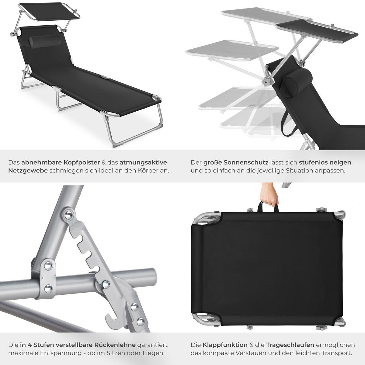 SONNENLIEGE 2er Set Chloé, 190 x 68 x 111 cm, schwarz - Schwarz, Kunststoff (68/65/190cm) - tectake