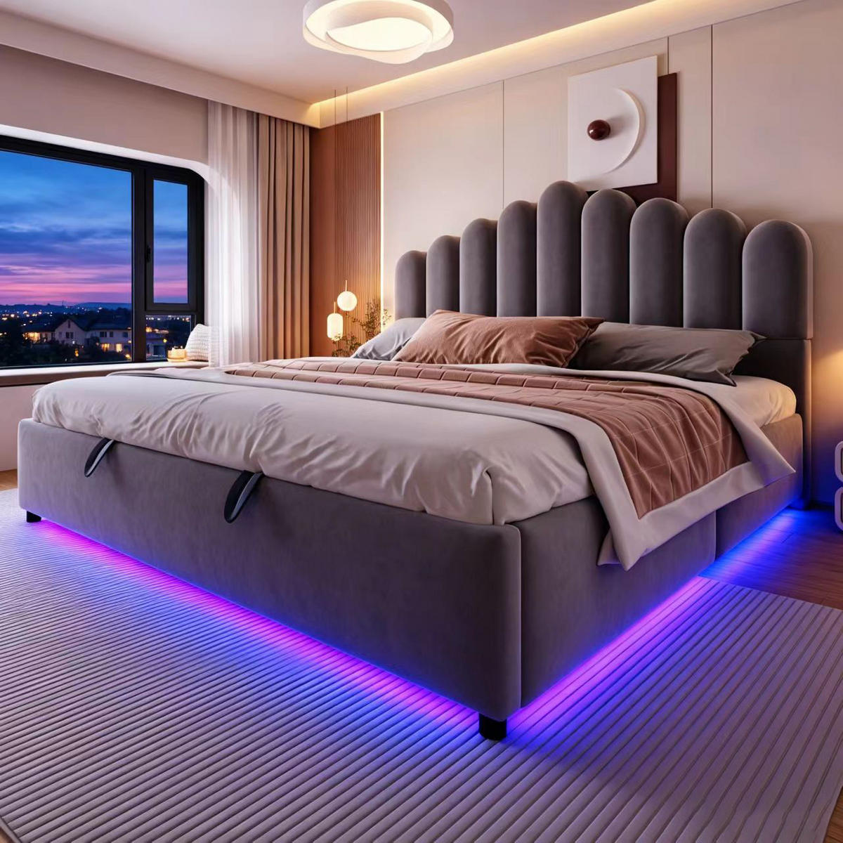 POLSTERBETT 180/200 cm in Grau mit Bettkasten, LED und Samtbezug - Grau, Holzwerkstoff/Textil (180/200cm) - STILVORA