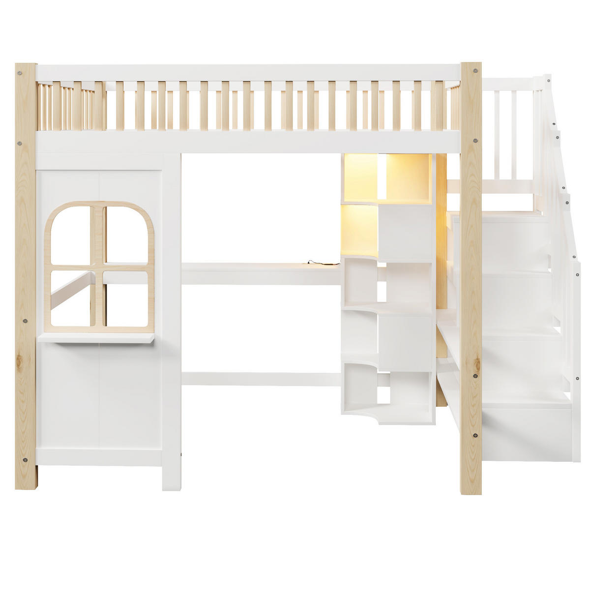 HOCHBETT aus Kiefer 140x200 cm Weiß/Natur mit LED, Schreibtisch, Ablageleiter und offenem Stauraum - Weiß, Holzwerkstoff (180/190cm) - Modfu