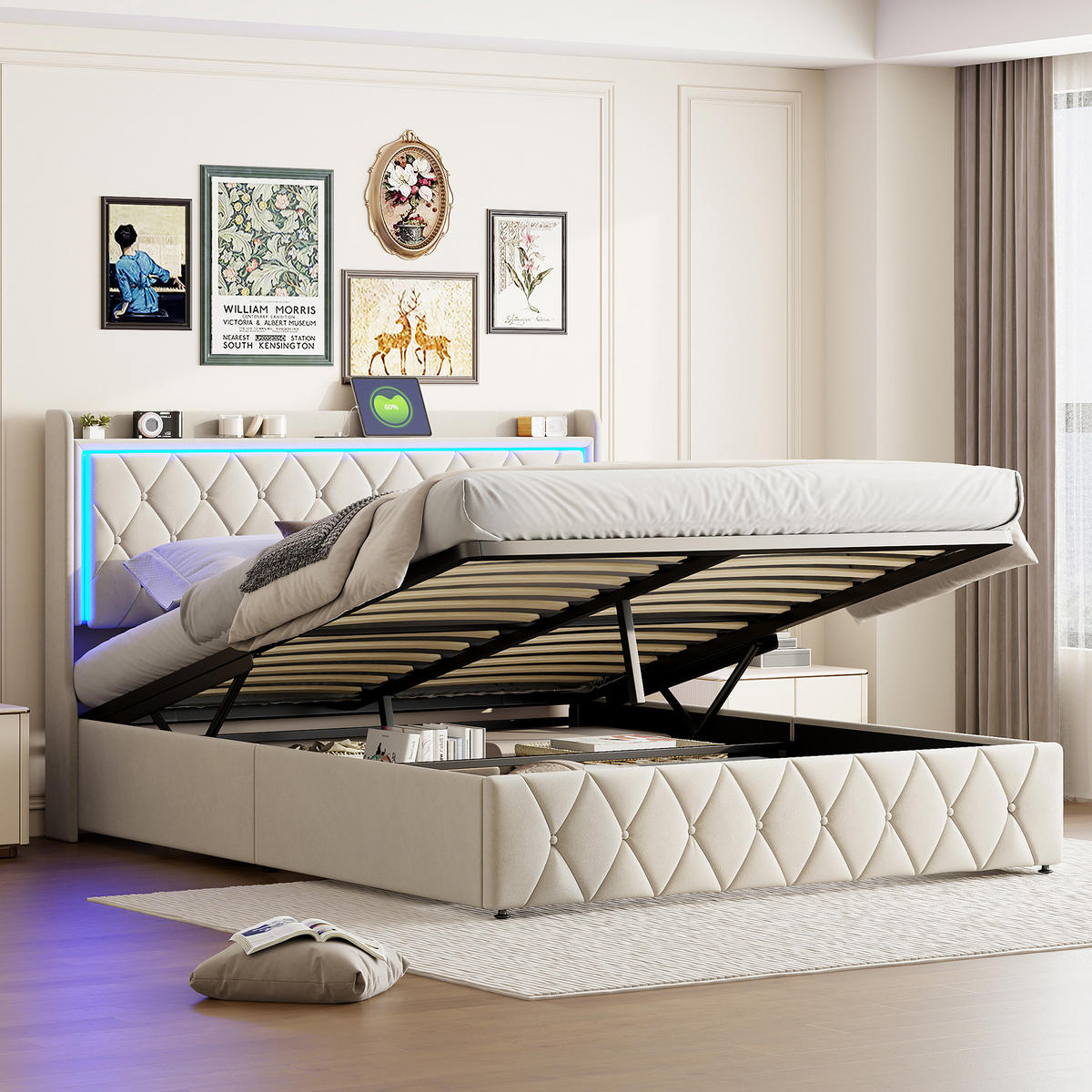 POLSTERBETT 140x200 cm Beige mit LED, USB und Type-C, Stauraumkopfteil & Bettkasten - Beige, Holz (140/190cm)