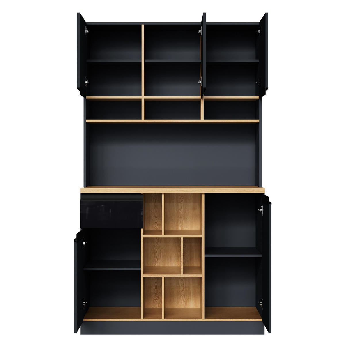 BUFFET 105/45/185 cm aus MDF mit Hochglanzfronten und offenem Stauraum Schwarz/Naturfarben - Schwarz, Holzwerkstoff (105/185/45cm) - Modenvie
