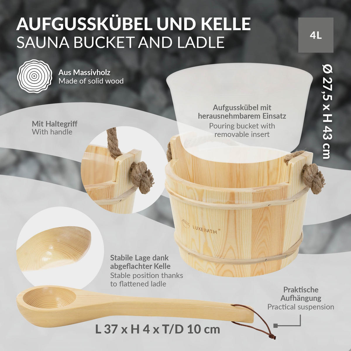SAUNAZUBEHÖR-SET aus Kiefernholz mit Aufgusskübel und Schöpfkelle - Naturfarben, Holz (37/43/27.5cm) - LuxeBath