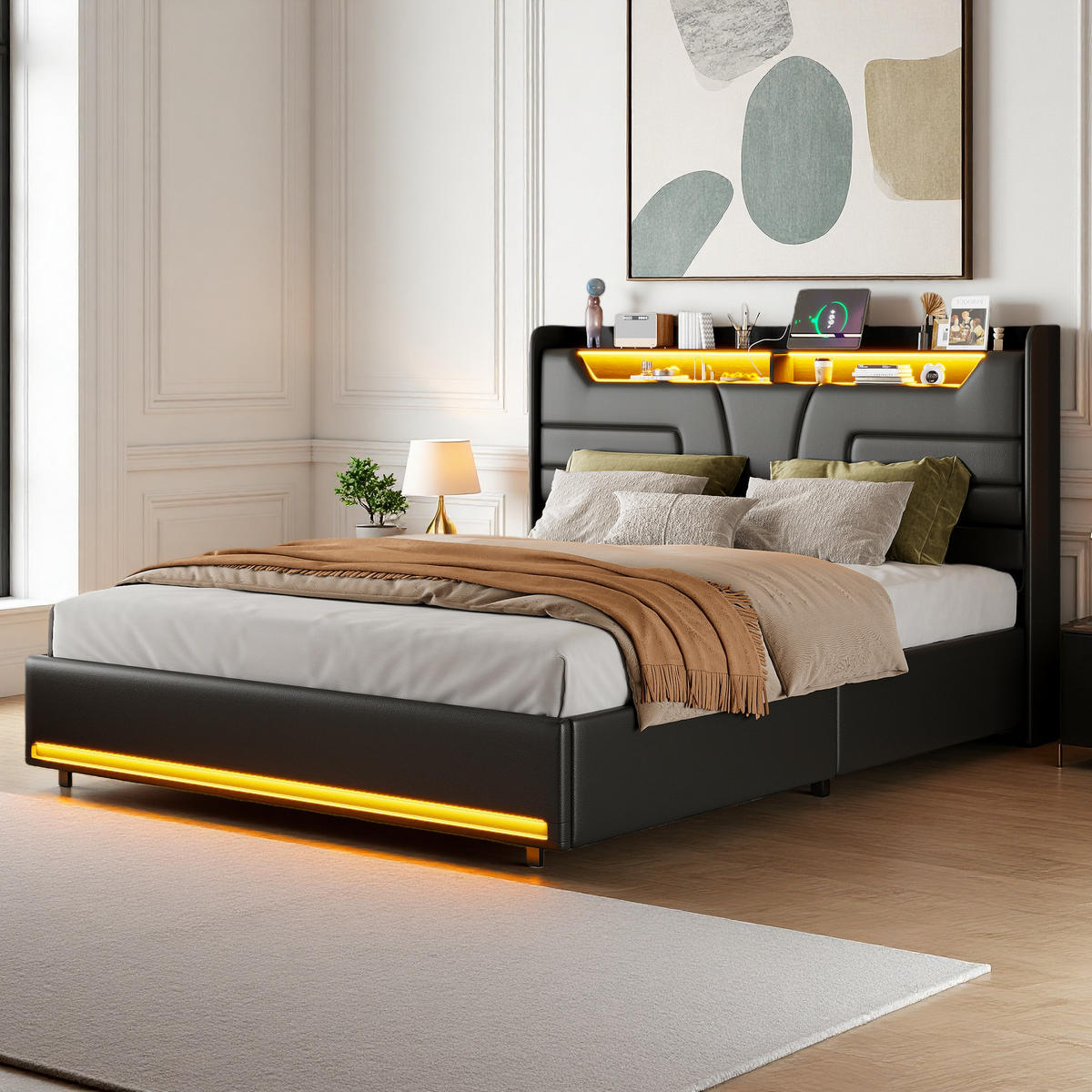 POLSTERBETT 140x200 cm LED USB Hydraulik Stauraum Lattenrost PU schwarz - Schwarz, Holz (140/200cm) - Fortuna Lai