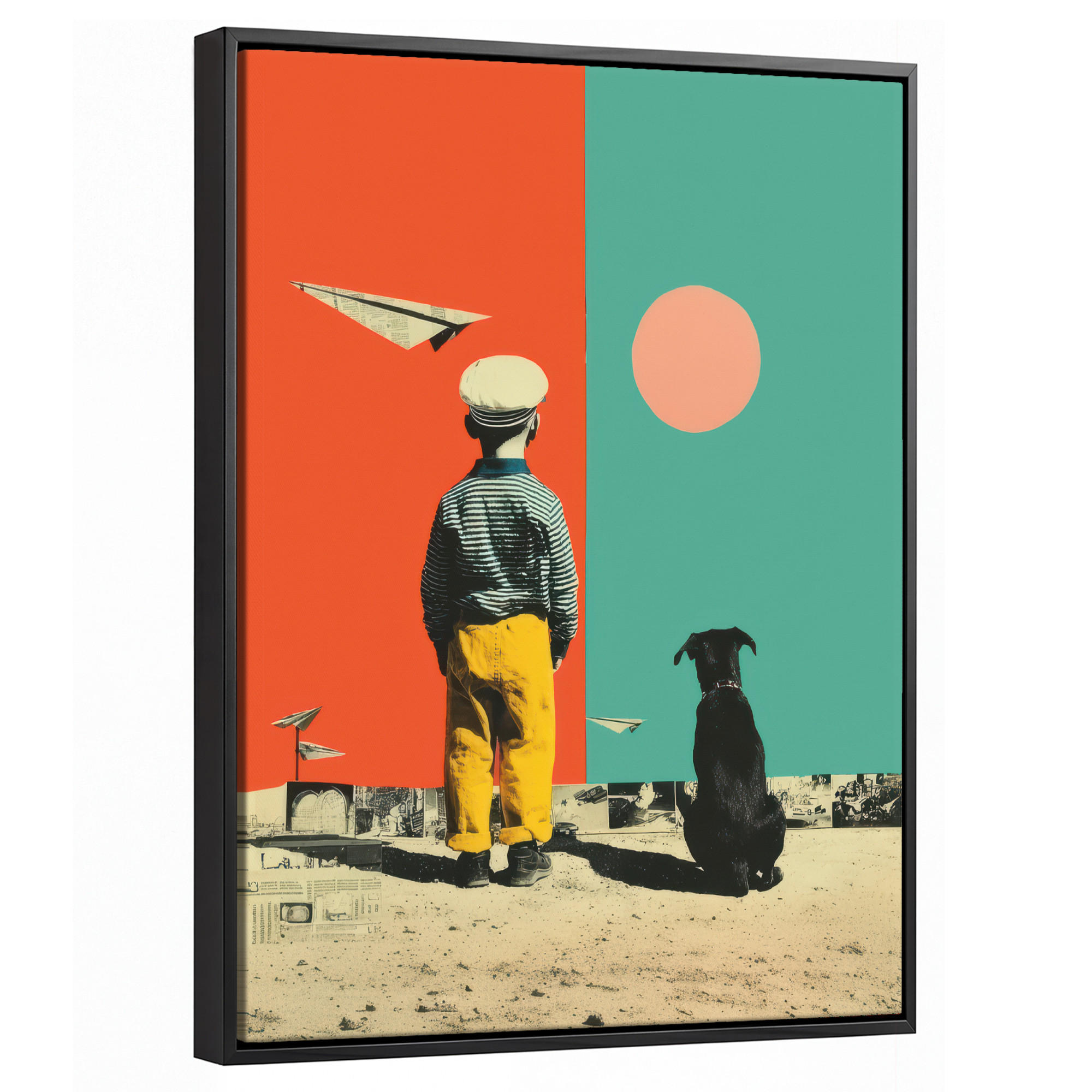 LEINWAND Bilder mit Rahmen - Retro - Junge - Hund - Rot - Grün - 30x40 - Orange, Textil (30/40cm) - MuchoWow