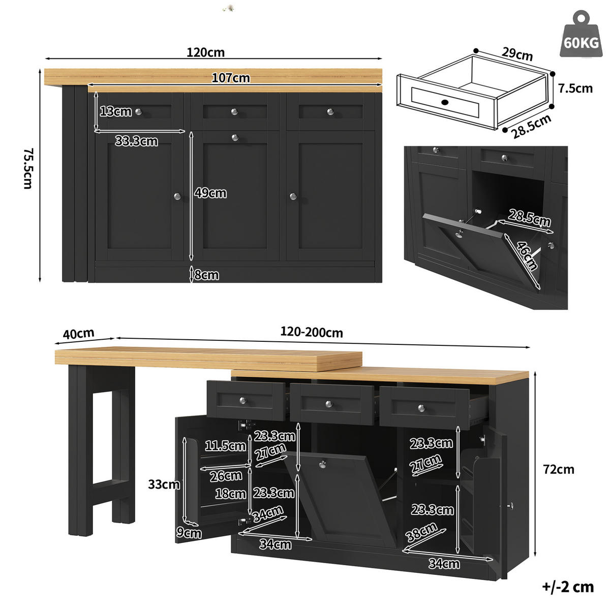 BARTISCH ausziehbar 120-200 cm mit Stauraum MDF Black - Schwarz, Holzwerkstoff (200/40/75.5cm) - Meubliv