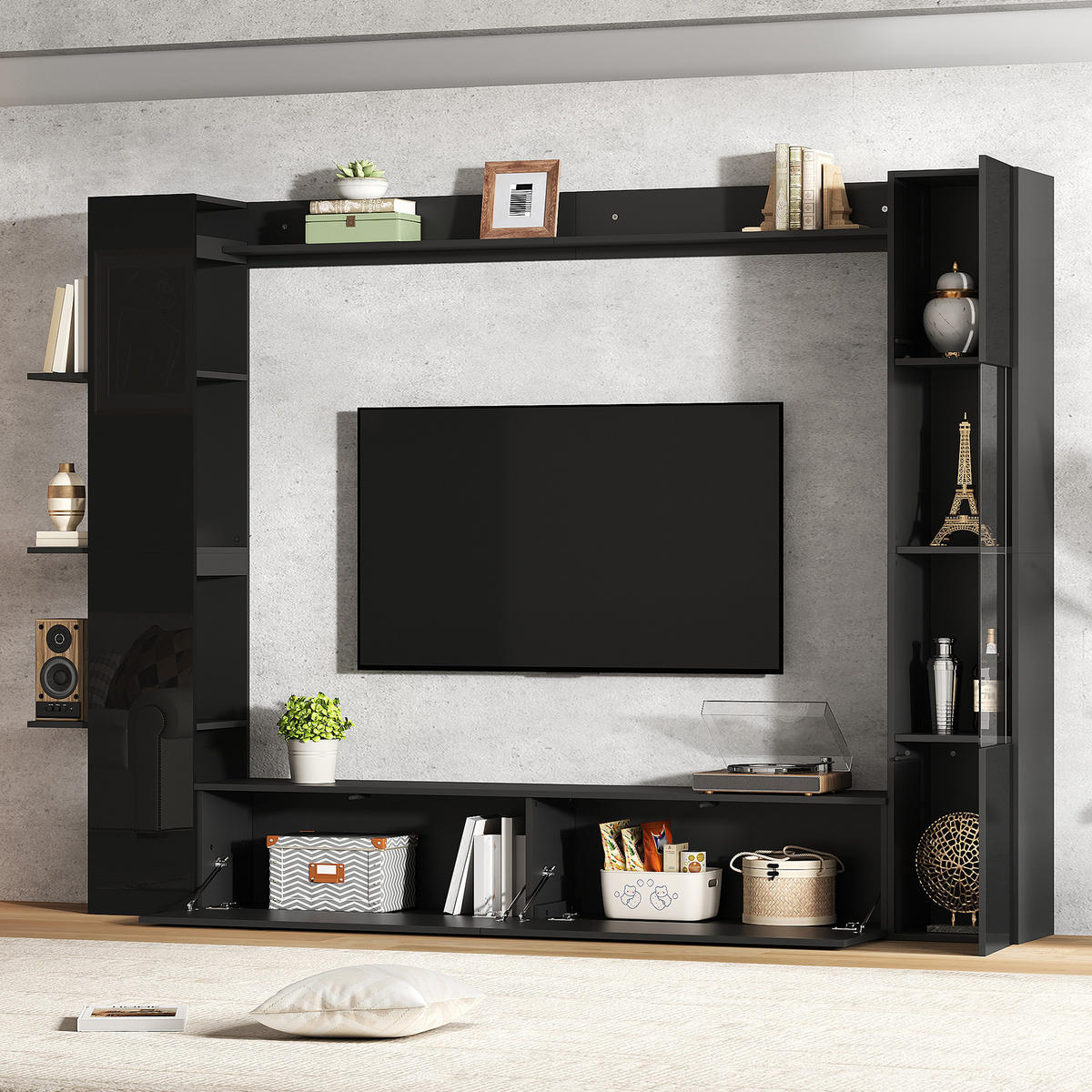 TV-ELEMENT 245/30/170 cm Schwarz mit Türanschlag wechselbar und Stauraum (4 Stück) - Schwarz, Holz (245/170/30cm) - Oxeza