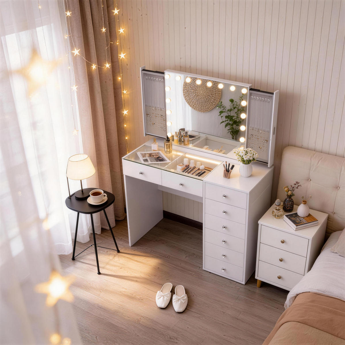 SCHMINKTISCH mit 8 Schubladen 120/55/81 CM und LED Beleuchtung integrierter Schmuckbox und Bluetooth weiß 80/60 cm - Weiß, Holz (55/81/120cm) - VANITII