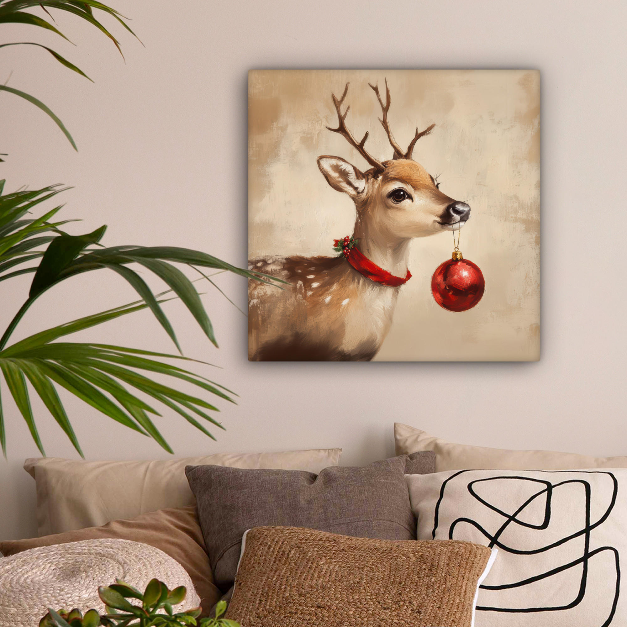 LEINWANDBILD Weihnachten - Hirsch - Geweih - Weihnachtskugel - Rentier 50x50 cm - Hellbraun, Textil (50/50cm) - MuchoWow