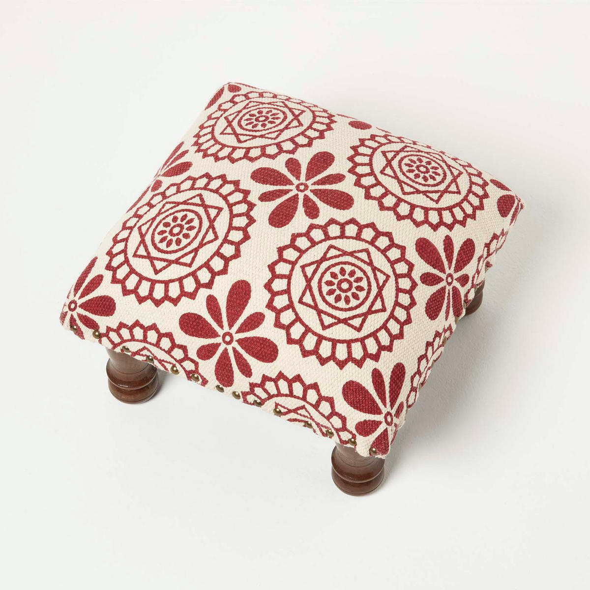 HOCKER Cassia mit Holzbeinen, rot-weiß gemustert, 40/40/25 cm - Rot, Textil (40/25/40cm) - Homescapes