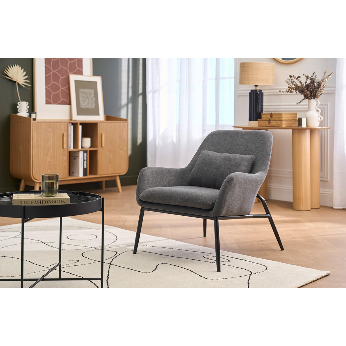 SESSEL Stoff Samteffekt Grau Schwarz Metall MAXINE - Dunkelgrau, Textil (77.5/75/67.5cm) - Miliboo