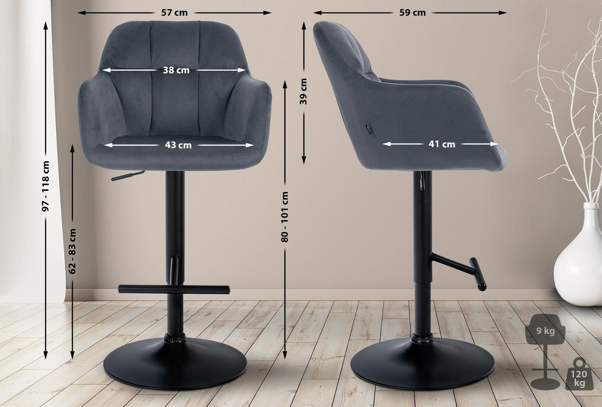 BARHOCKER Samt dunkelgrau - Dunkelgrau/Schwarz, Textil (57/97/59cm) - CLP