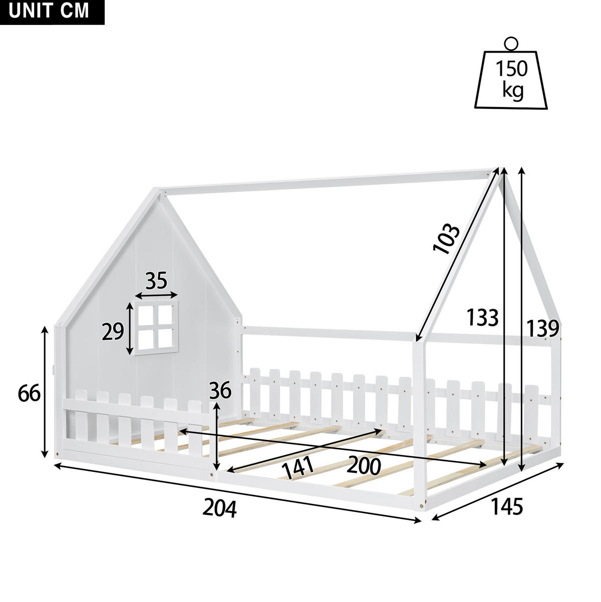 KINDERBETT 140/200 cm mit Hausrahmen und Geländer aus Kiefer und MDF, Weiß - Weiß, Holzwerkstoff (140/200cm) - Redom