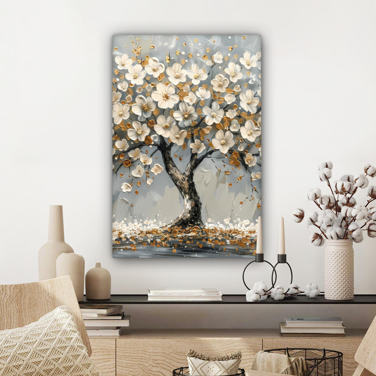 LEINWANDBILD Baum - Blumen - Weiß - Natur - Kunst Wanddeko Schlafzimmer 60x90 cm - Weiß, Textil (60/90cm) - MuchoWow