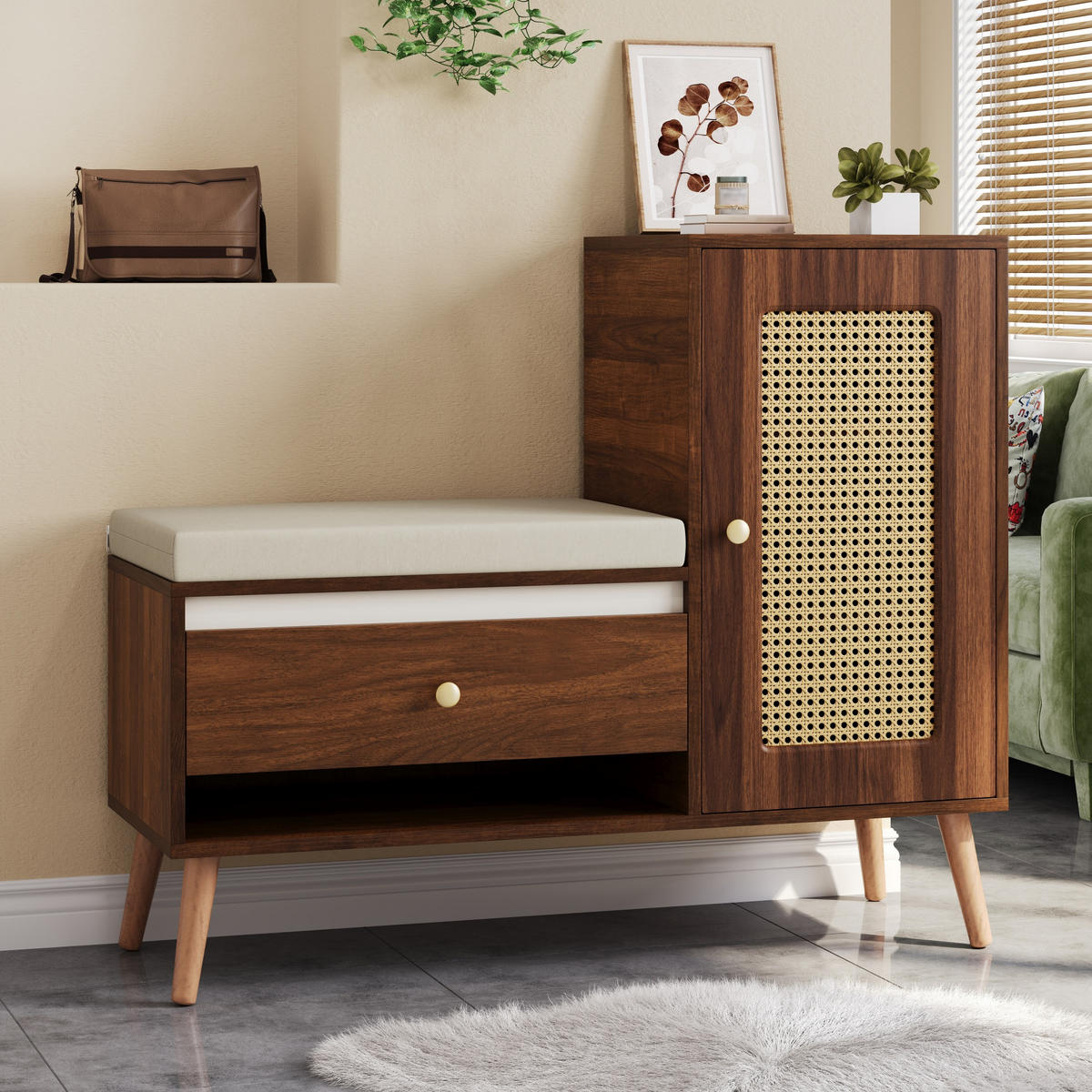 SCHUHSCHRANK Rattan Bank Schubladen Sitz - Nussbaumfarben, Holz (95.5/80.5/35cm) - LEBENLANG