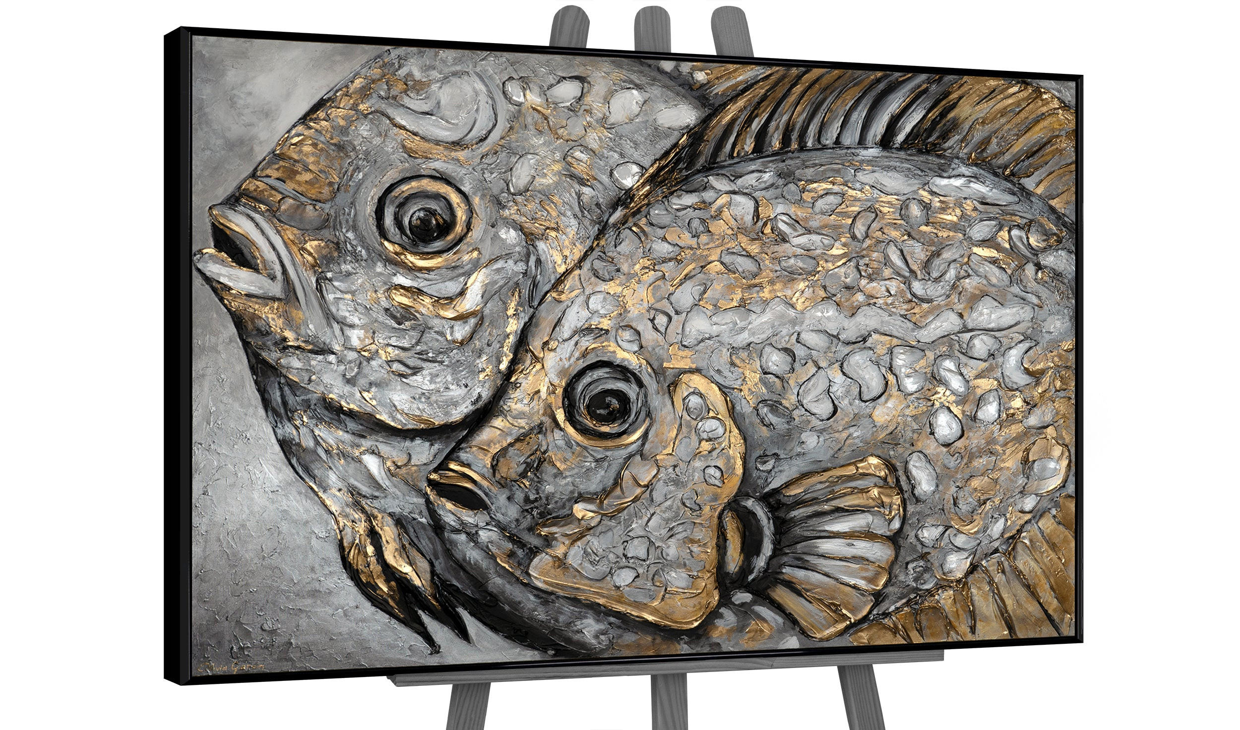 GEMÄLDE Magische Fische Schattenfugenrahmen Schwarz 120x80 cm - Schwarz, Holz (120/80cm) - YS-art gallery