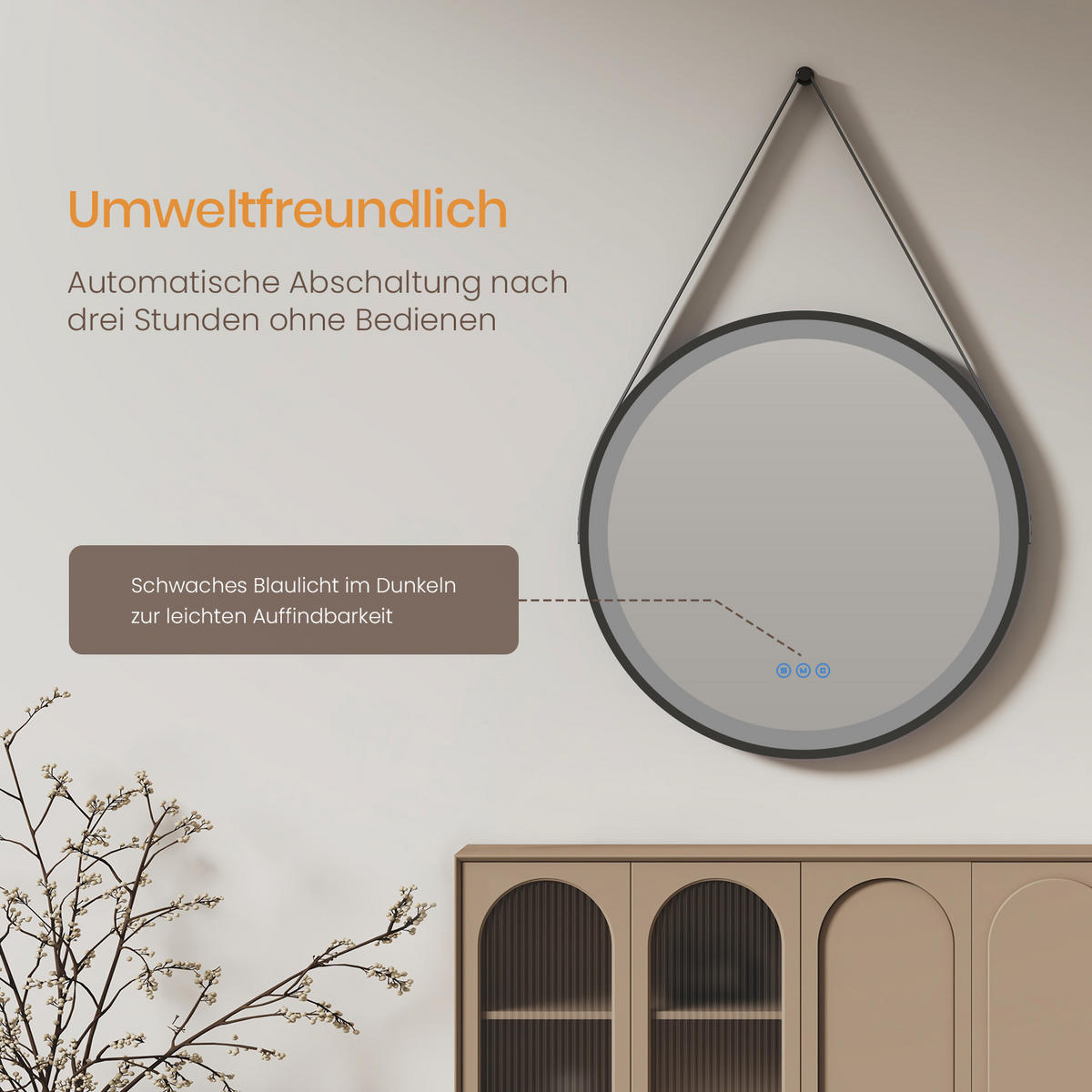 BADSPIEGEL mit Touch-Schalter Beleuchtung mit Hängeriemen Schwarz ф70 cm - Schwarz, Glas (70/3.5/70cm) - EMKE
